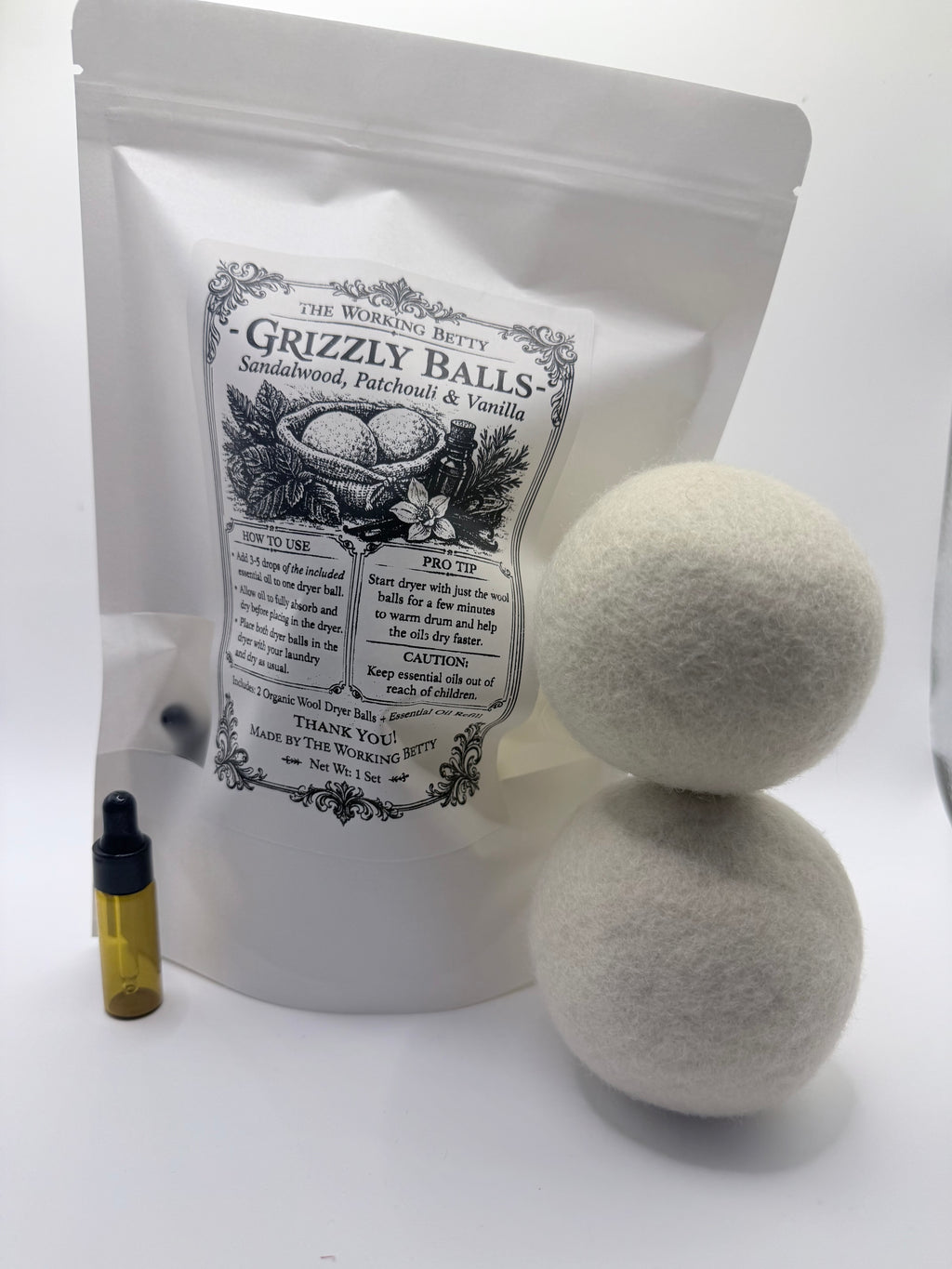 2 Scented Organic Wool Dryer Balls with Essential Oil refill